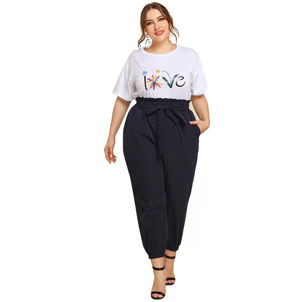 Women's Plus Size T-shirt with Lace-up Casual Suit