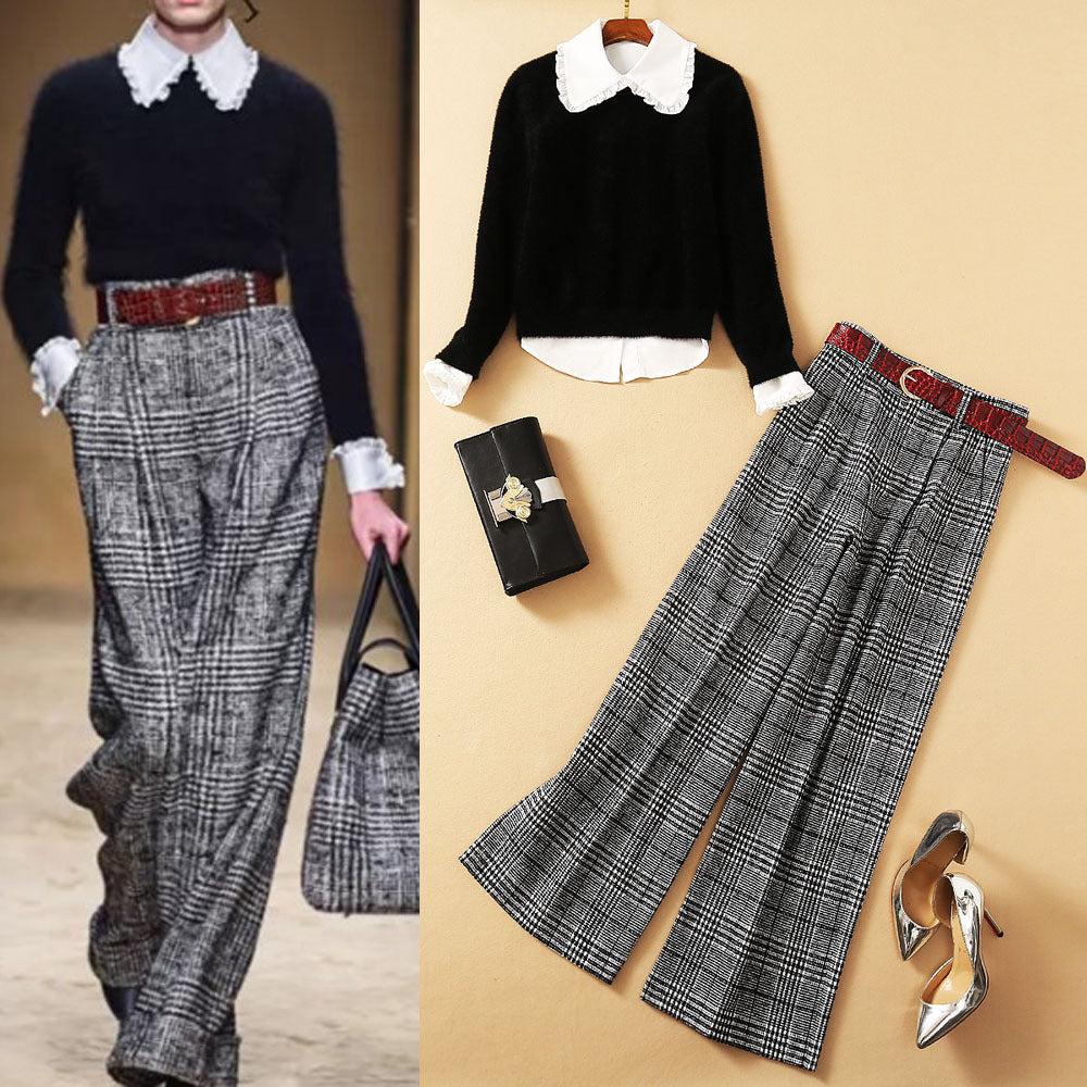 Women’s Three-Pieces Suit, Wooden Ear Shirt With Mohair Sweater And Plaid Wide-leg Pants