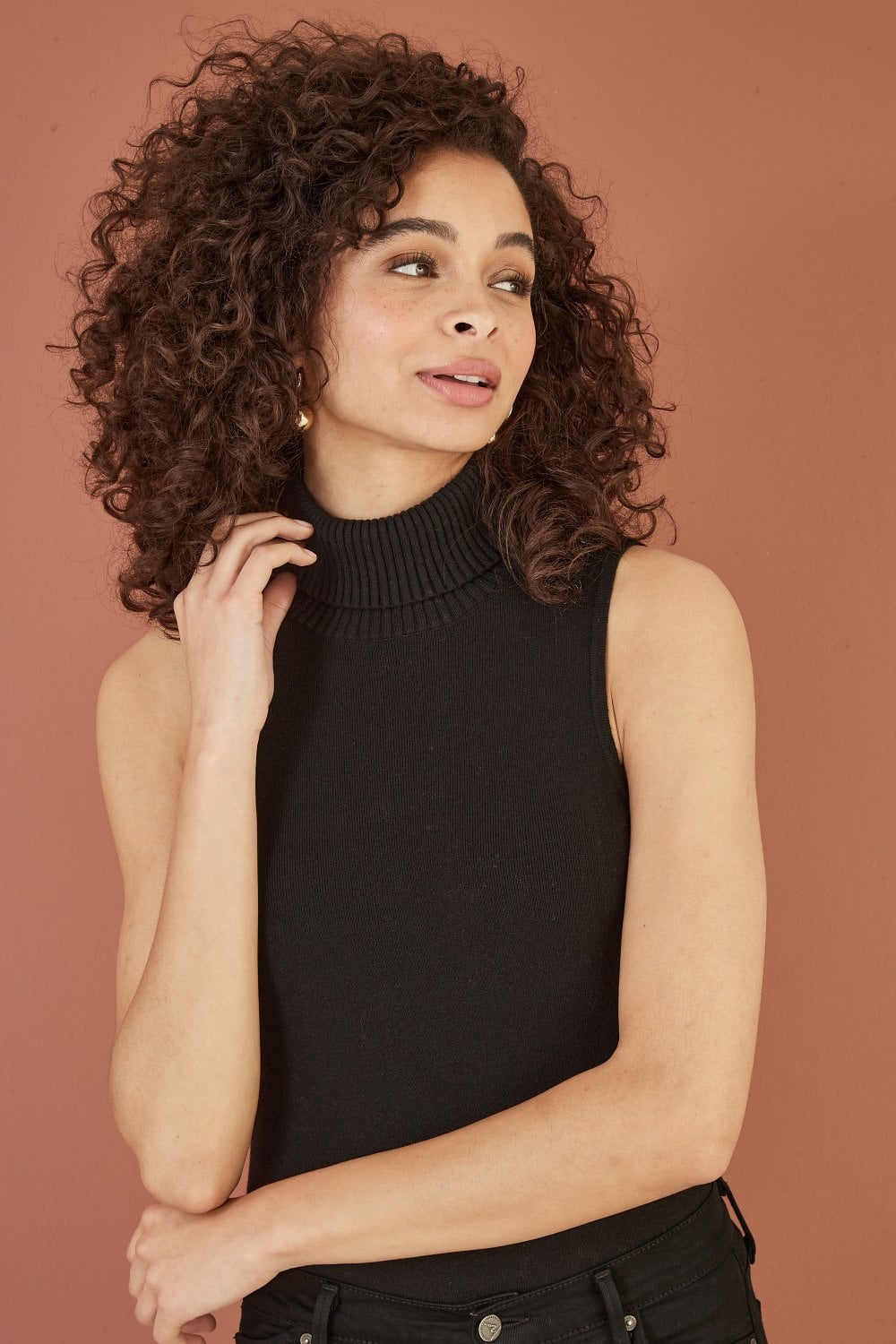 Yumi Black Knitted Roll Neck Sleeveless Jumper