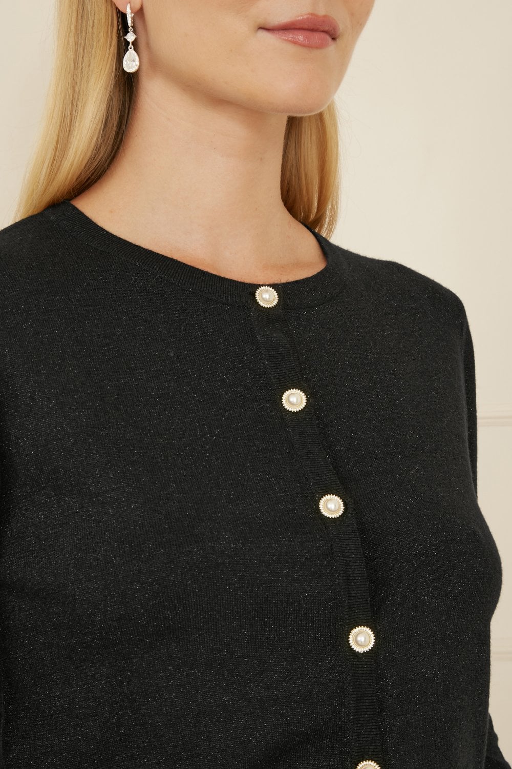Yumi Black Metallic Knit Cardigan With Pearl Button Details