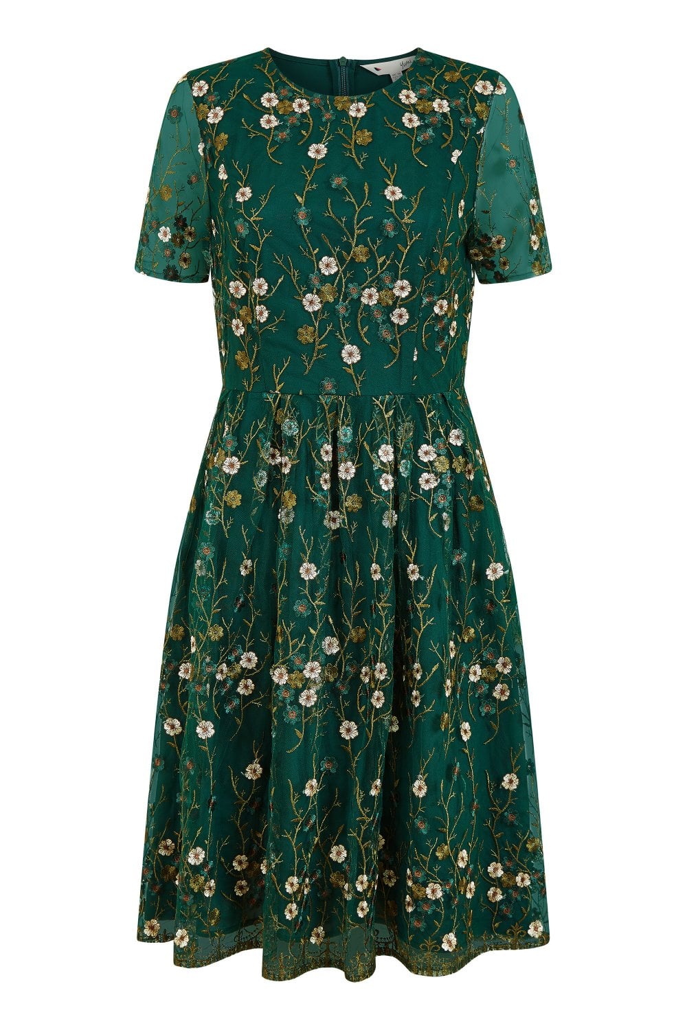 Yumi Women's Green Floral Embroidered Sheer Sleeve Skater Dress