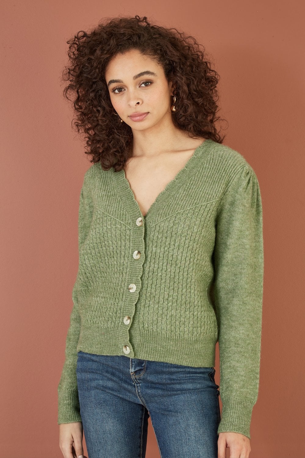Yumi Green Twist Knit Button Up Cardigan