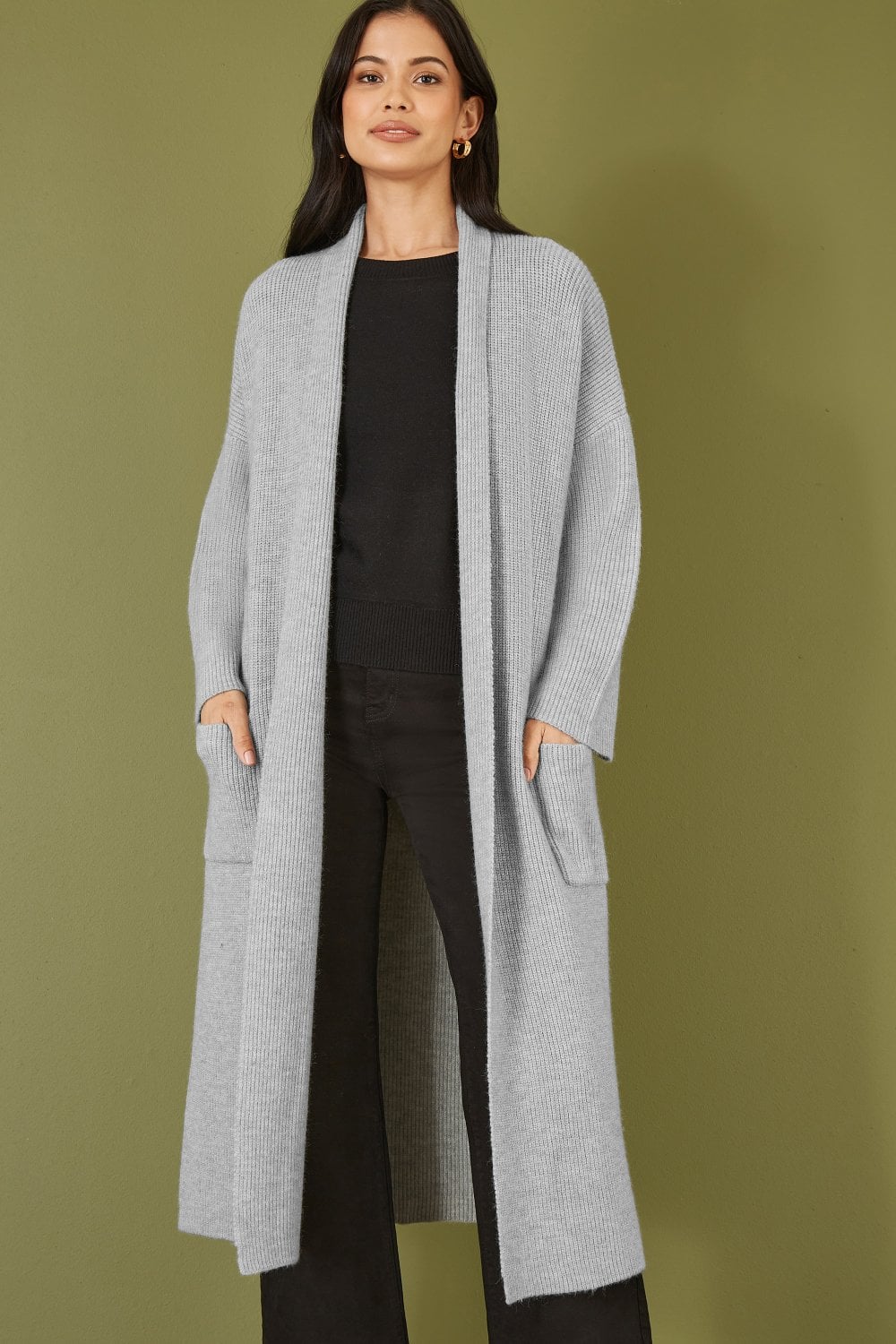 Yumi Grey Knitted Maxi Cardigan With Pockets