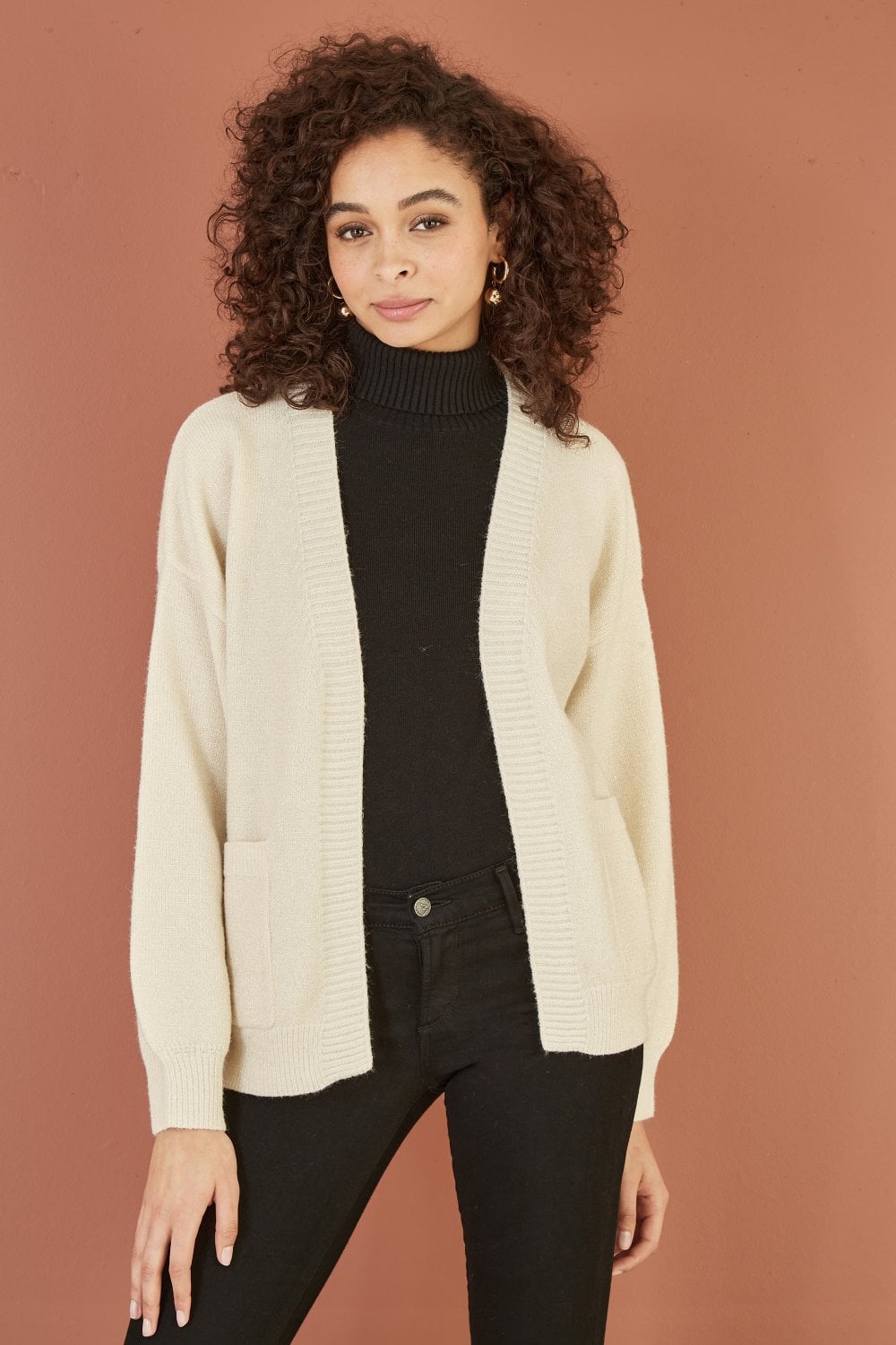 Yumi Ivory Metallic Slouchy Cardigan With Pockets