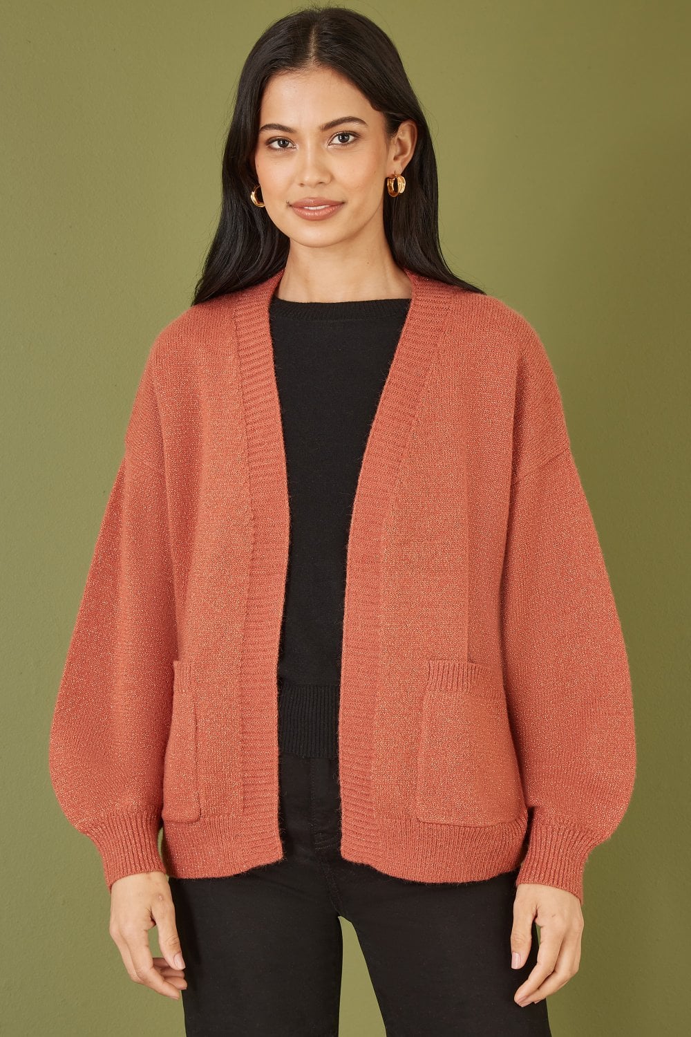 Yumi Rust Metallic Relaxed Slouchy Cardigan With Pockets