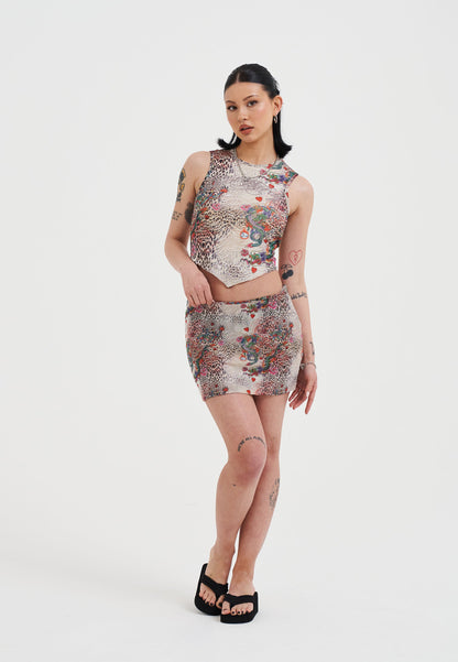 Womens Dragon Repeat Mini Skirt - Ecru