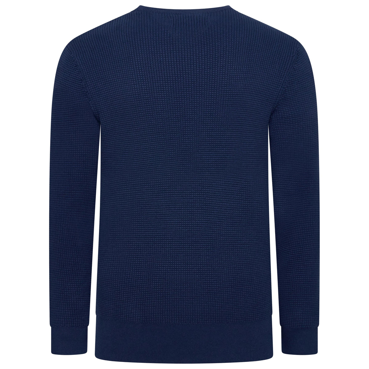 A navy blue long-sleeve crewneck sweater with a textured waffle knit pattern, shown from the back on a plain white background.