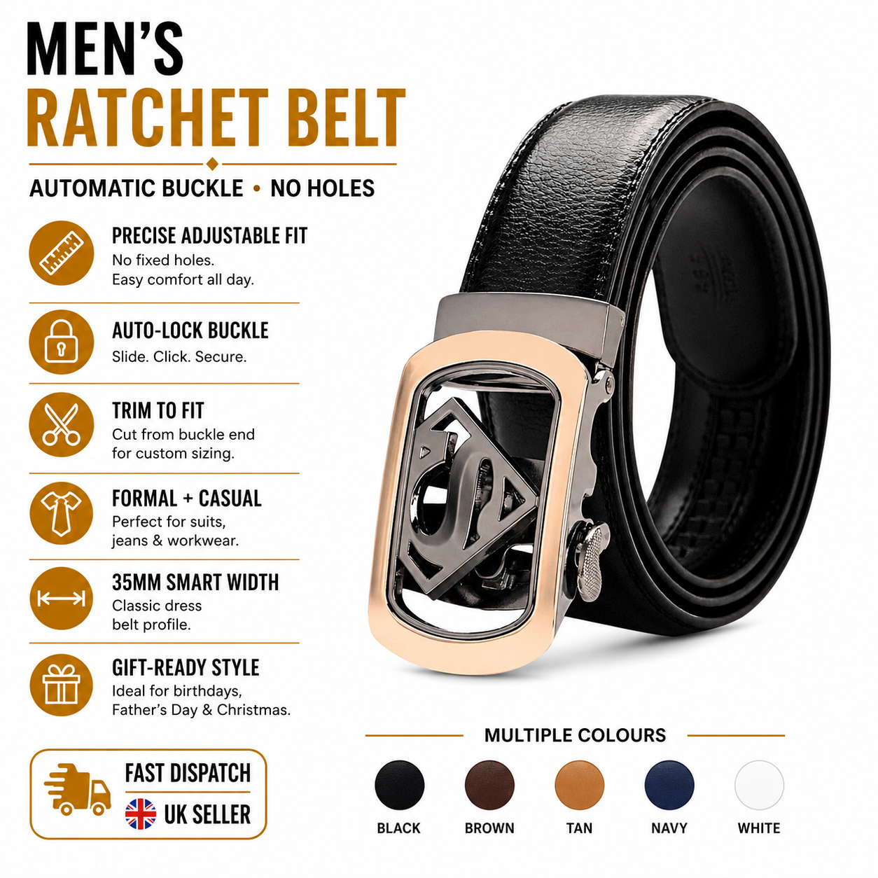 Mens Ratchet Leather Belt Automatic Buckle No Holes Dress Gift Box 35mm Q07 - QHA UK