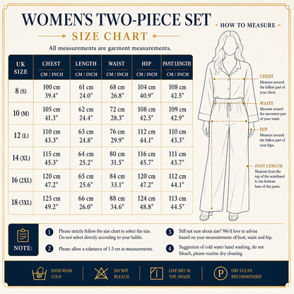 Size chart for women's two-piece set with measurements and how-to-measure guide.
