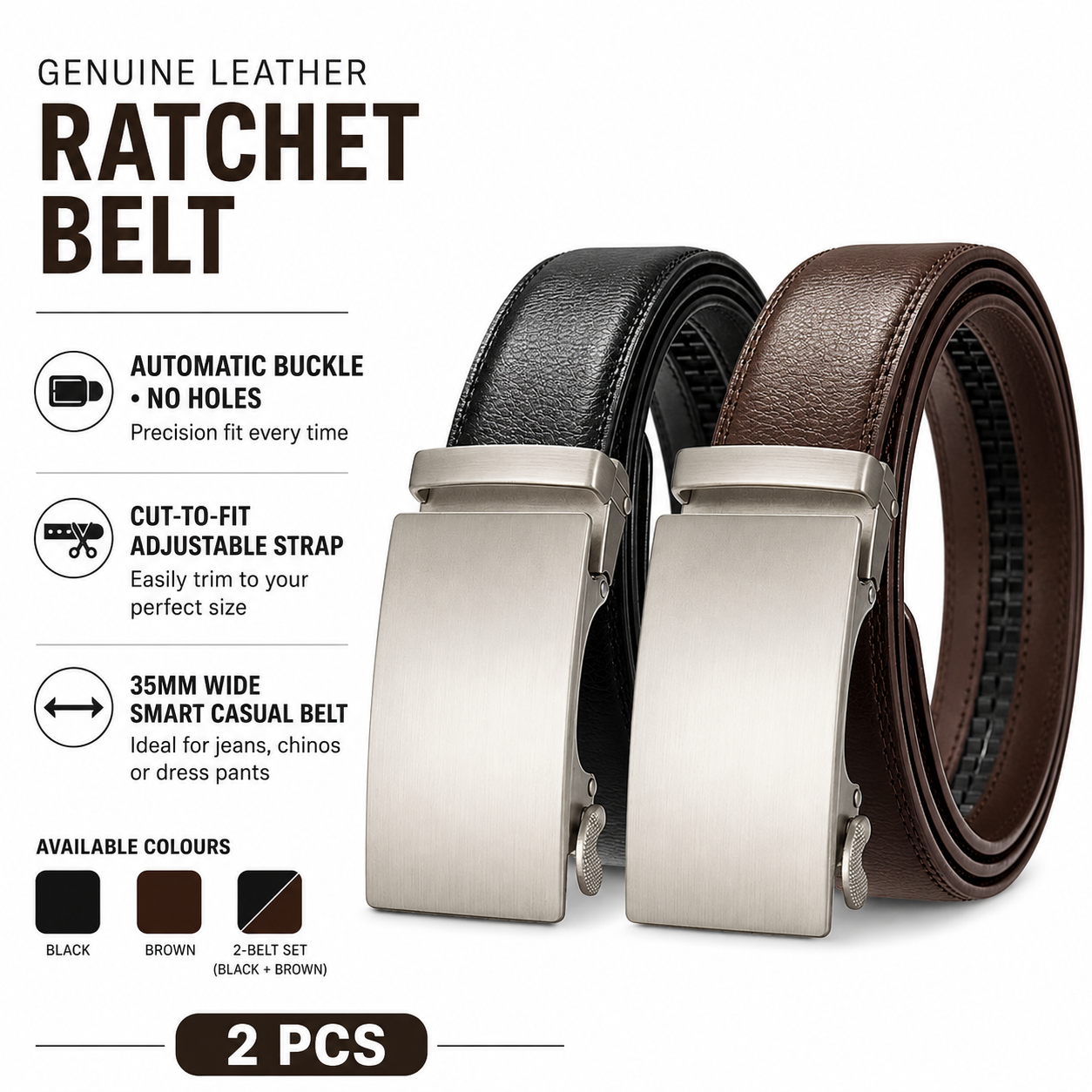 QHA Men's Genuine Leather Ratchet Belt – 35mm, Automatic Buckle, Cut-to-Fit