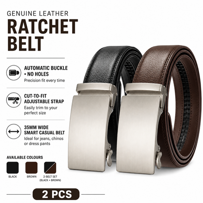 QHA Men's Genuine Leather Ratchet Belt – 35mm, Automatic Buckle, Cut-to-Fit