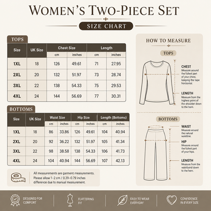 Size chart for women's two-piece set with measurements and instructions on how to measure tops and bottoms.