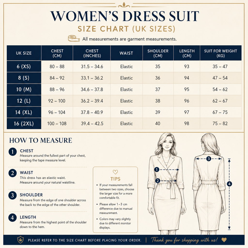 Women's dress suit size chart with measurements and illustrations