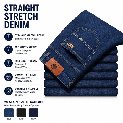 Mens Straight Stretch Jeans Slim Fit Smart Casual Work Denim Trousers
