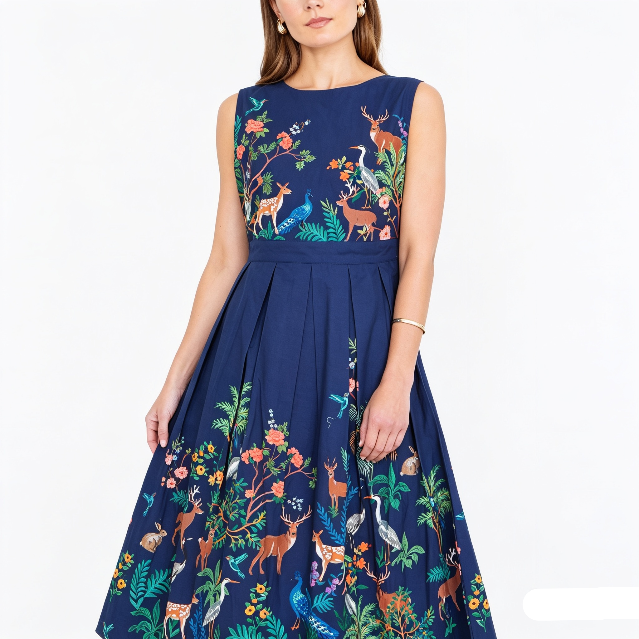 Navy blue dress with colorful animal and floral pattern worn by a model on a white background