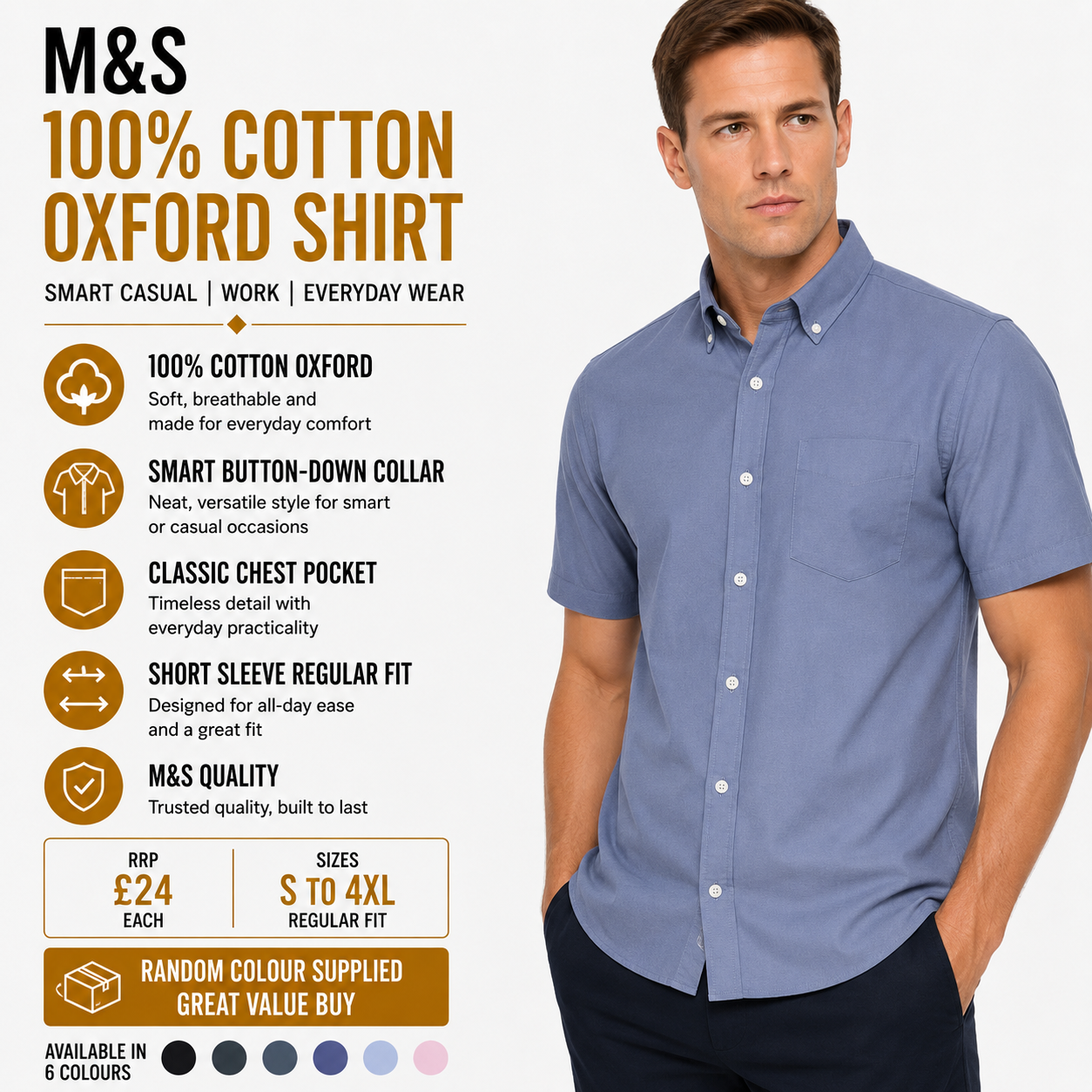 M&S Ultimate Pure Cotton Oxford Shirt Mens Short Sleeve S-4XL