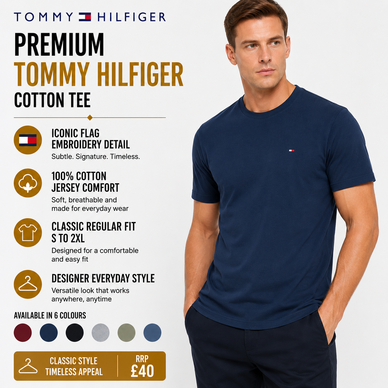 Tommy Hilfiger Mens Flag Embroidered Cotton Crew Neck T-Shirt S-2XL