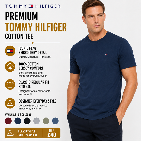 Tommy Hilfiger Mens Embroidered Logo Cotton Crew Neck T-Shirt S-2XL - QHA UK