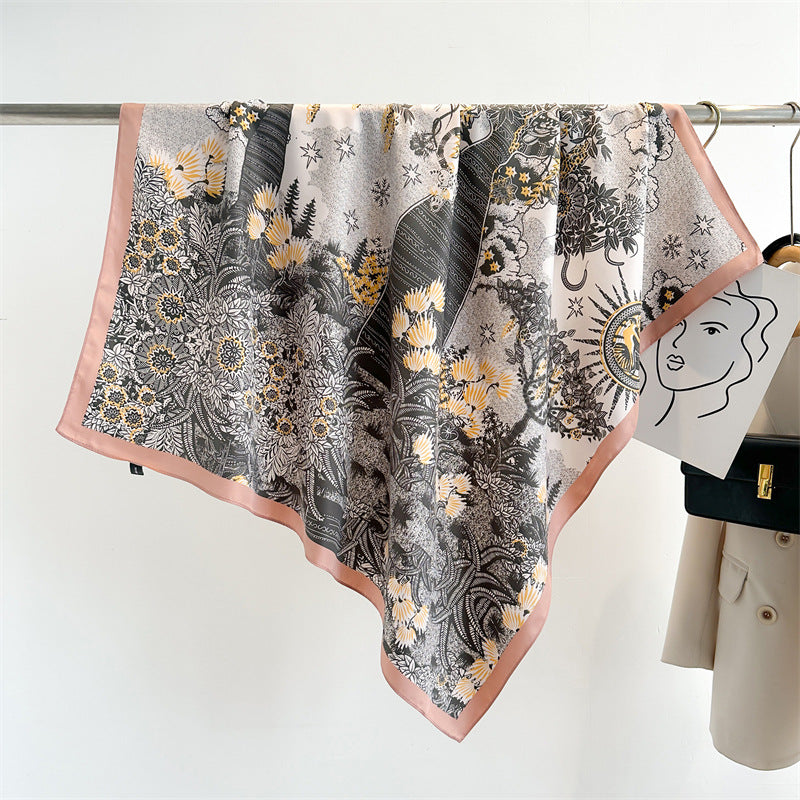 Women's Premium Twill Silk Scarf, Large Printed 90/90cm Striped Square Scarf