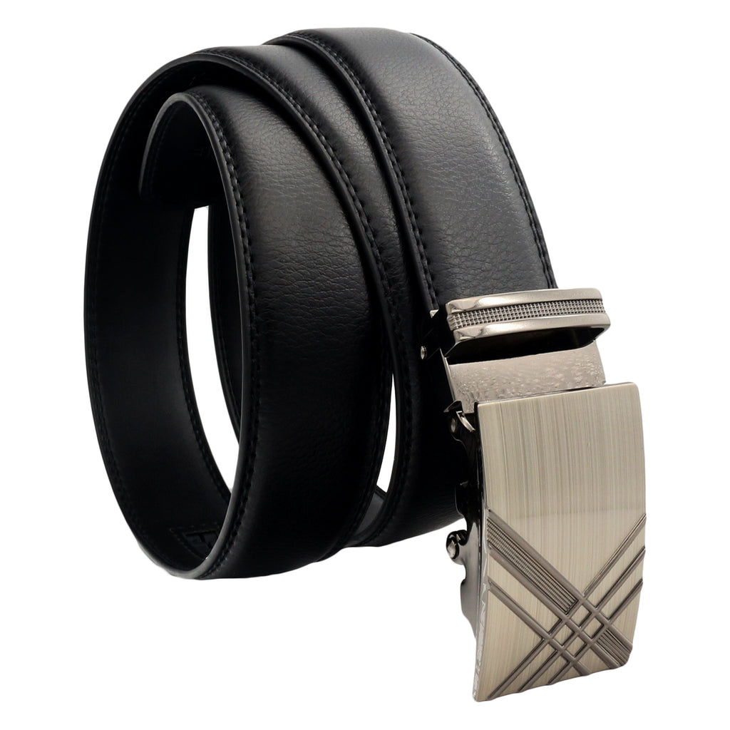 QHA Mens 35mm Ratchet Leather Belt, Dual Bar Silver Automatic Buckle Q52