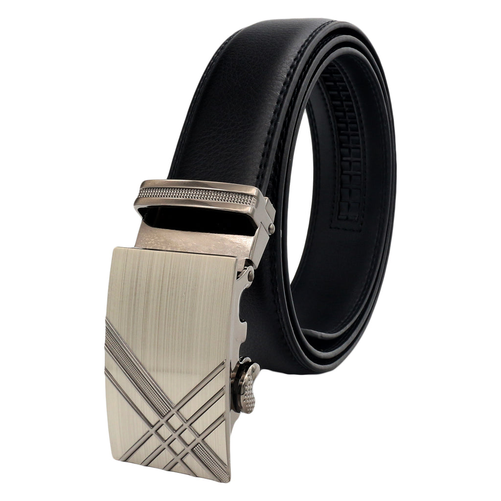 QHA Mens 35mm Ratchet Leather Belt, Dual Bar Silver Automatic Buckle Q52