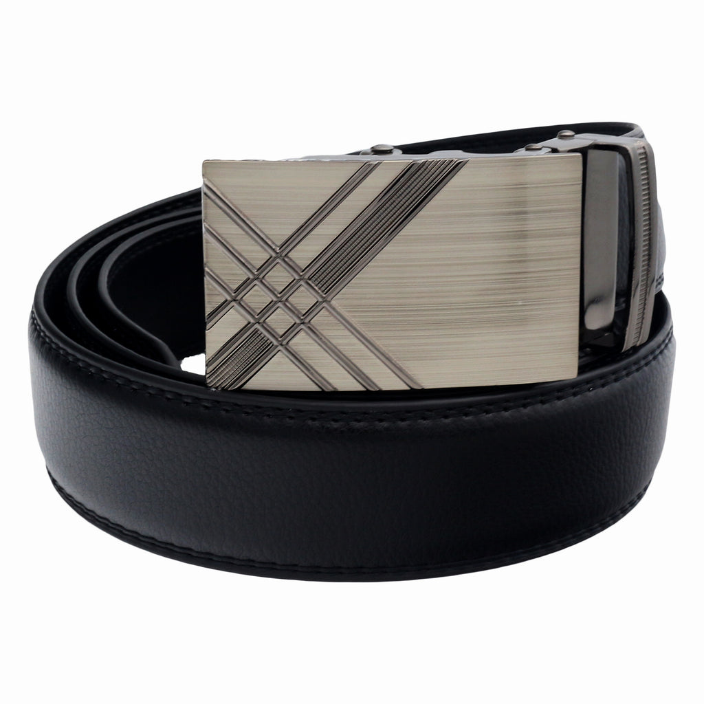 QHA Mens 35mm Ratchet Leather Belt, Dual Bar Silver Automatic Buckle Q52