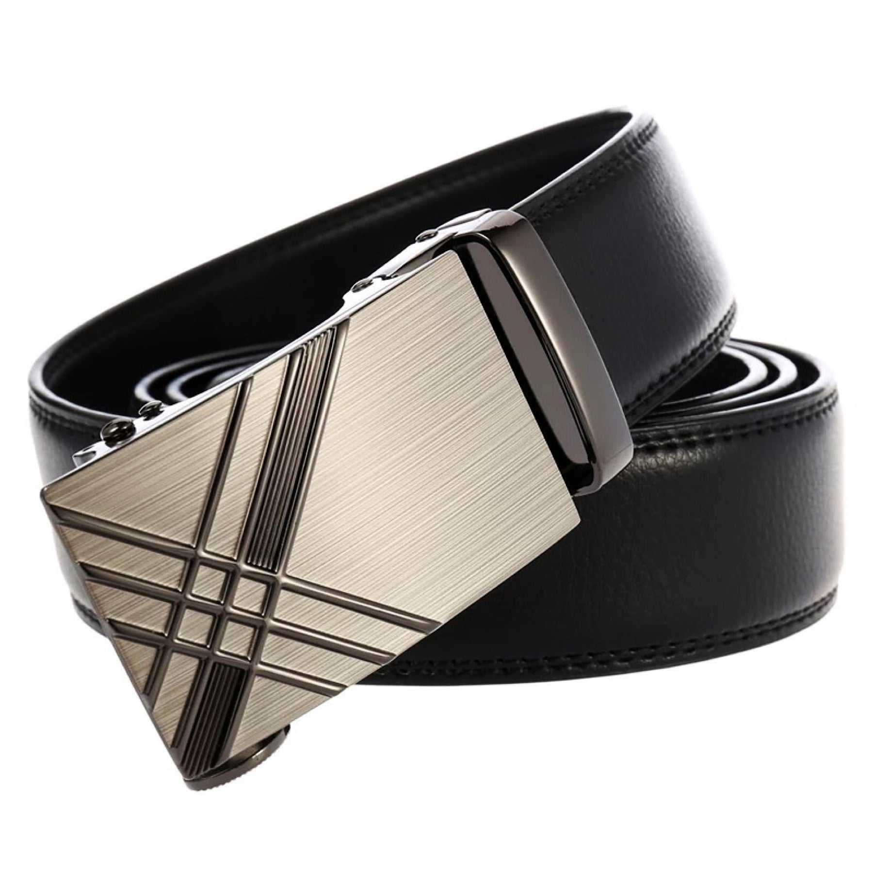 QHA Mens 35mm Ratchet Leather Belt, Dual Bar Silver Automatic Buckle Q52