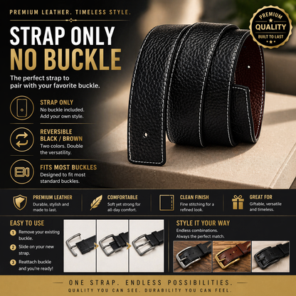 Mens Leather Belt Strap Replacement No Buckle Reversible 38mm Dress Belt Q02 - QHA UK