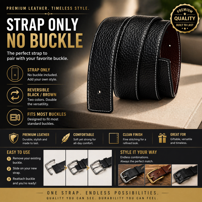 Mens Leather Belt Strap Replacement No Buckle Reversible 38mm Dress Belt Q02 - QHA UK