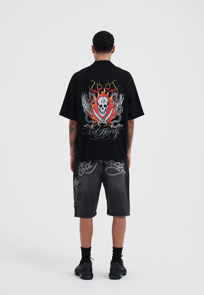 Mens Snakes And Skull Flames Printed Camp Shirt - Black