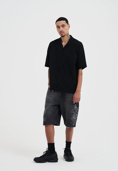 Mens Snakes And Skull Flames Printed Camp Shirt - Black