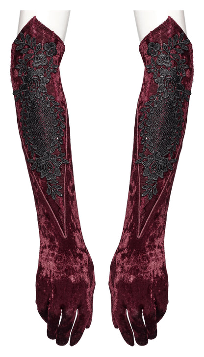 Punk Rave Selene Embroidered Velvet Gloves in Crimson