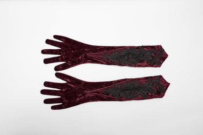 Punk Rave Selene Embroidered Velvet Gloves in Crimson
