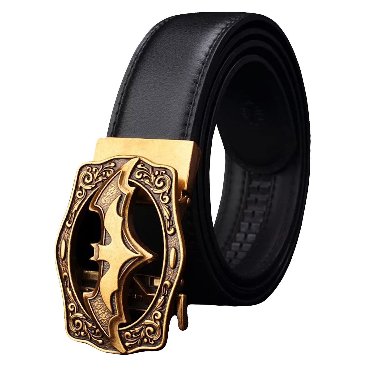 QHA Men's 35mm Leather Ratchet Belt with Ornate Bat Buckle, Auto Lock Q18