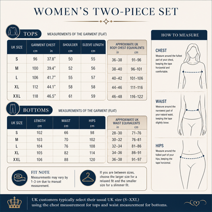 Measurement chart for women's two-piece set with sizes, measurements, and how to measure guide.