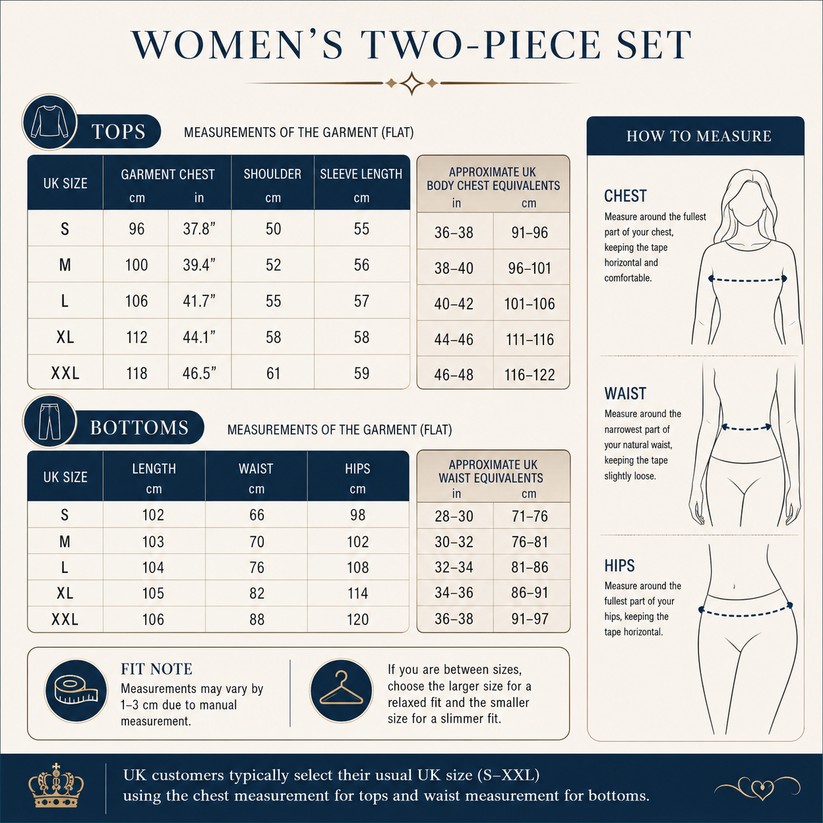 Measurement chart for women's two-piece set with sizes, measurements, and how to measure guide.