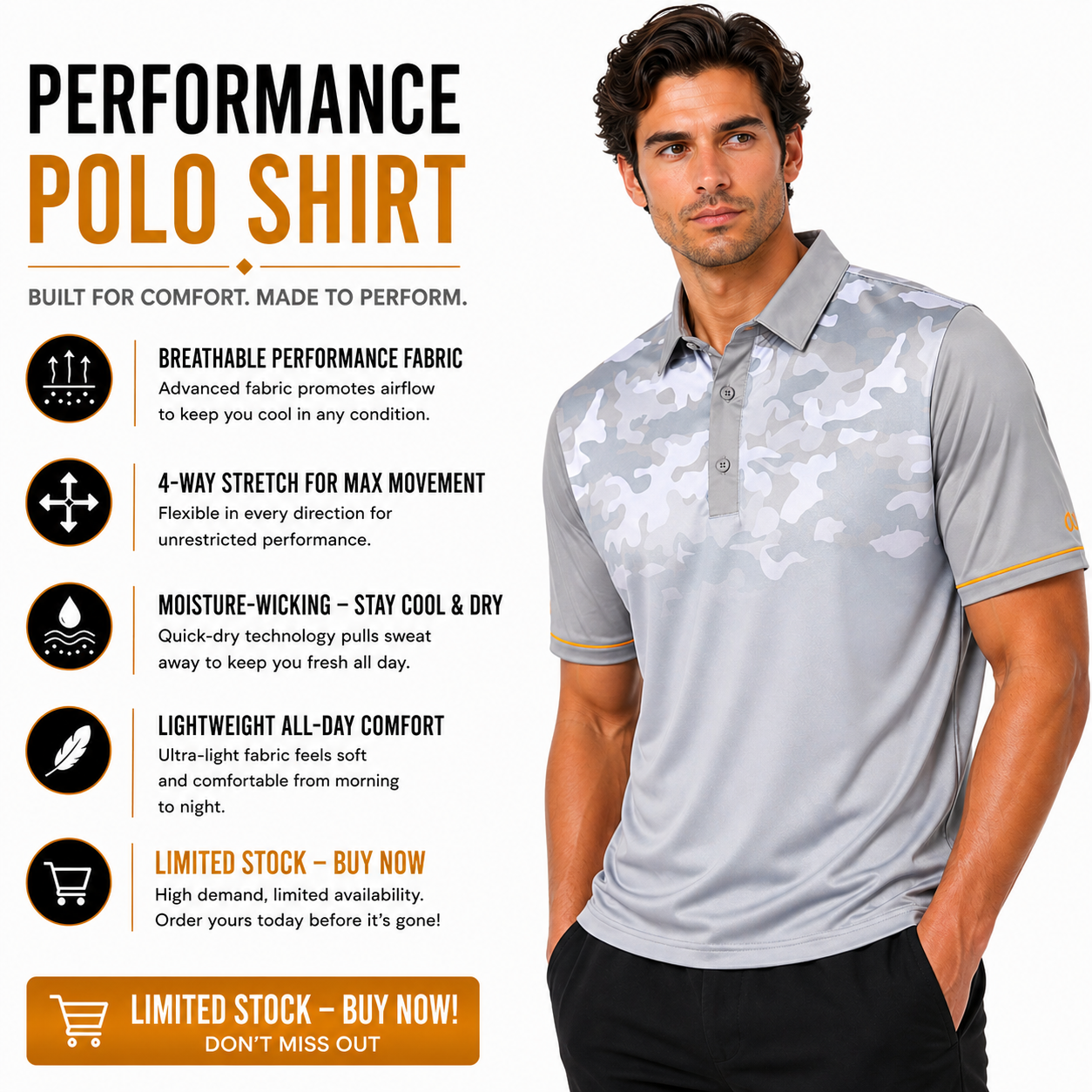 Island Green Men's Camo Golf Polo Shirt Breathable Stretch Sport Top - QHA UK