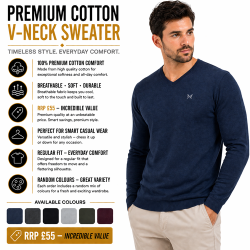 Crew Clothing Mens V Neck Jumper Cotton Knit Sweater Casual Regular Fit - QHA UK
