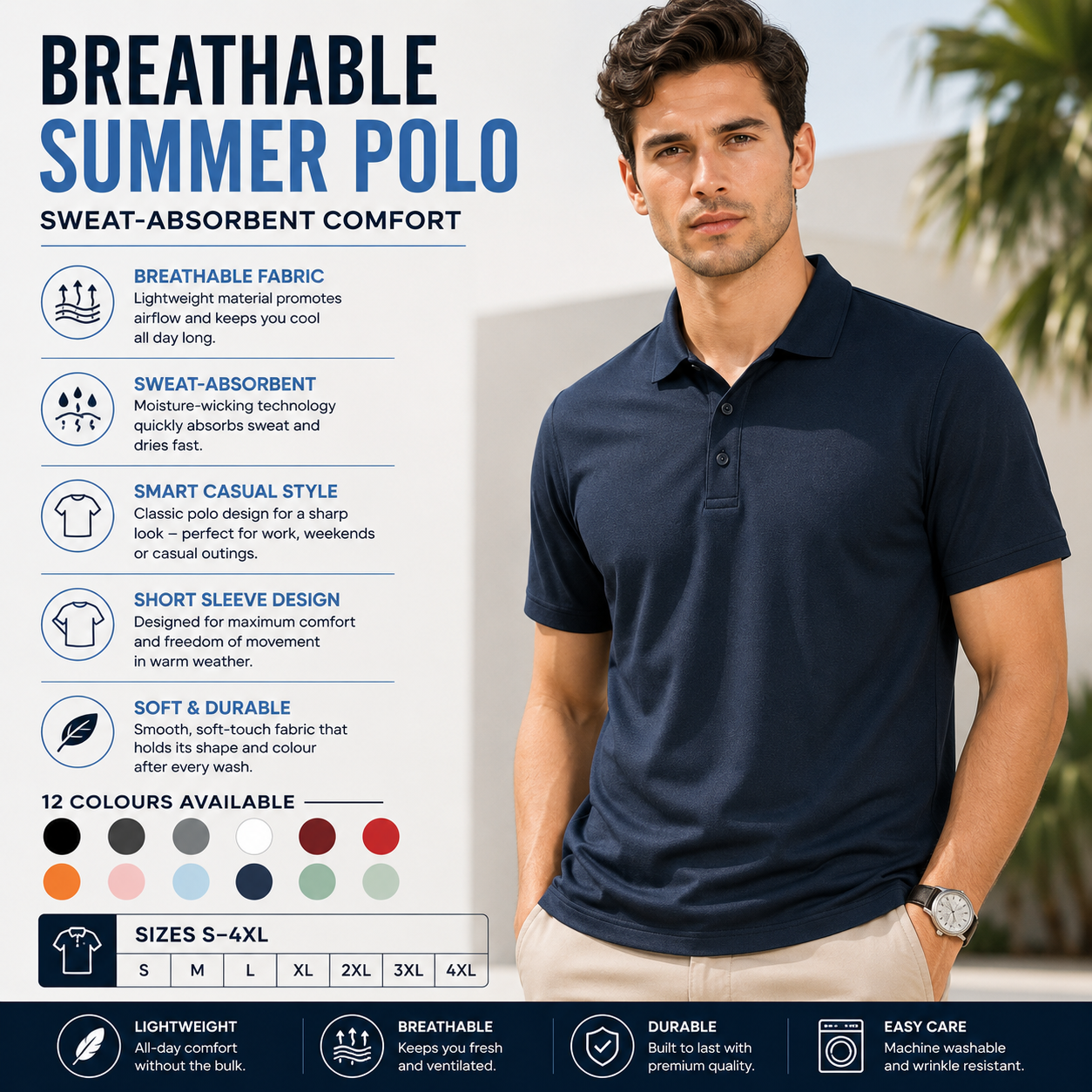 Mens Summer Polo Shirt Polyester Breathable Sweat Absorbent Short Sleeve Top UK