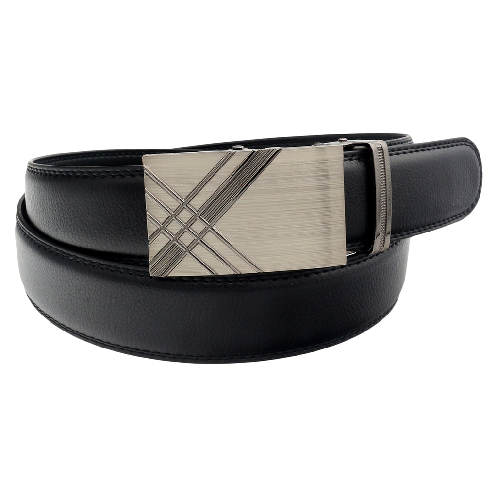 QHA Mens 35mm Ratchet Leather Belt, Dual Bar Silver Automatic Buckle Q52