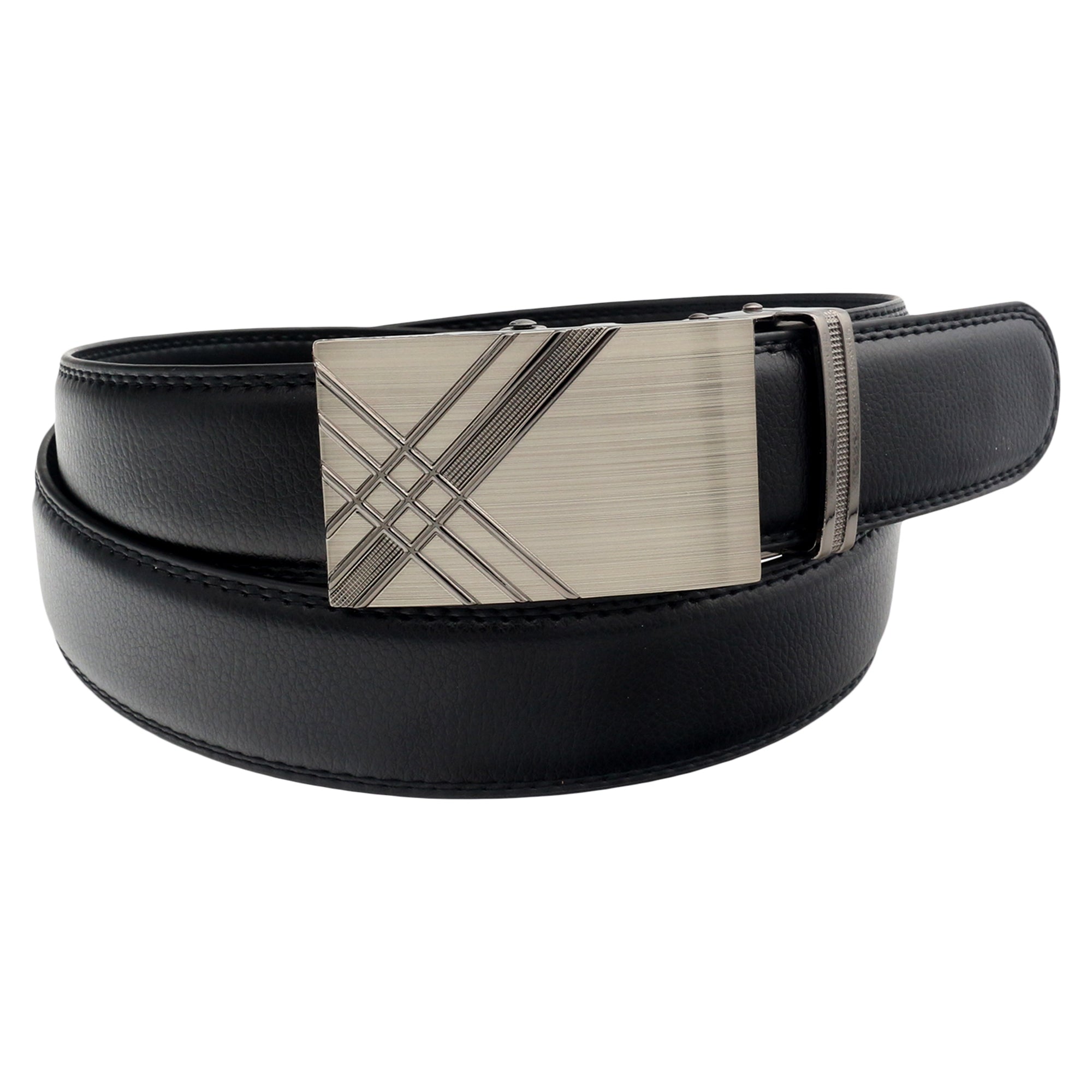 QHA Mens 35mm Ratchet Leather Belt, Dual Bar Silver Automatic Buckle Q52