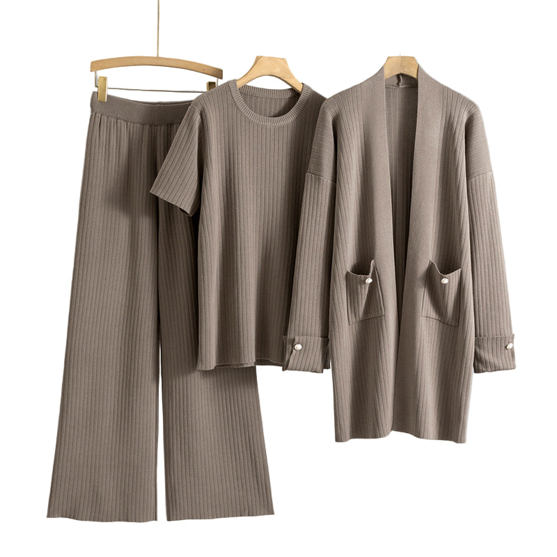 Elegant Knitted Mid-length Cardigan Coat Wide Leg Pants Three-piece Set