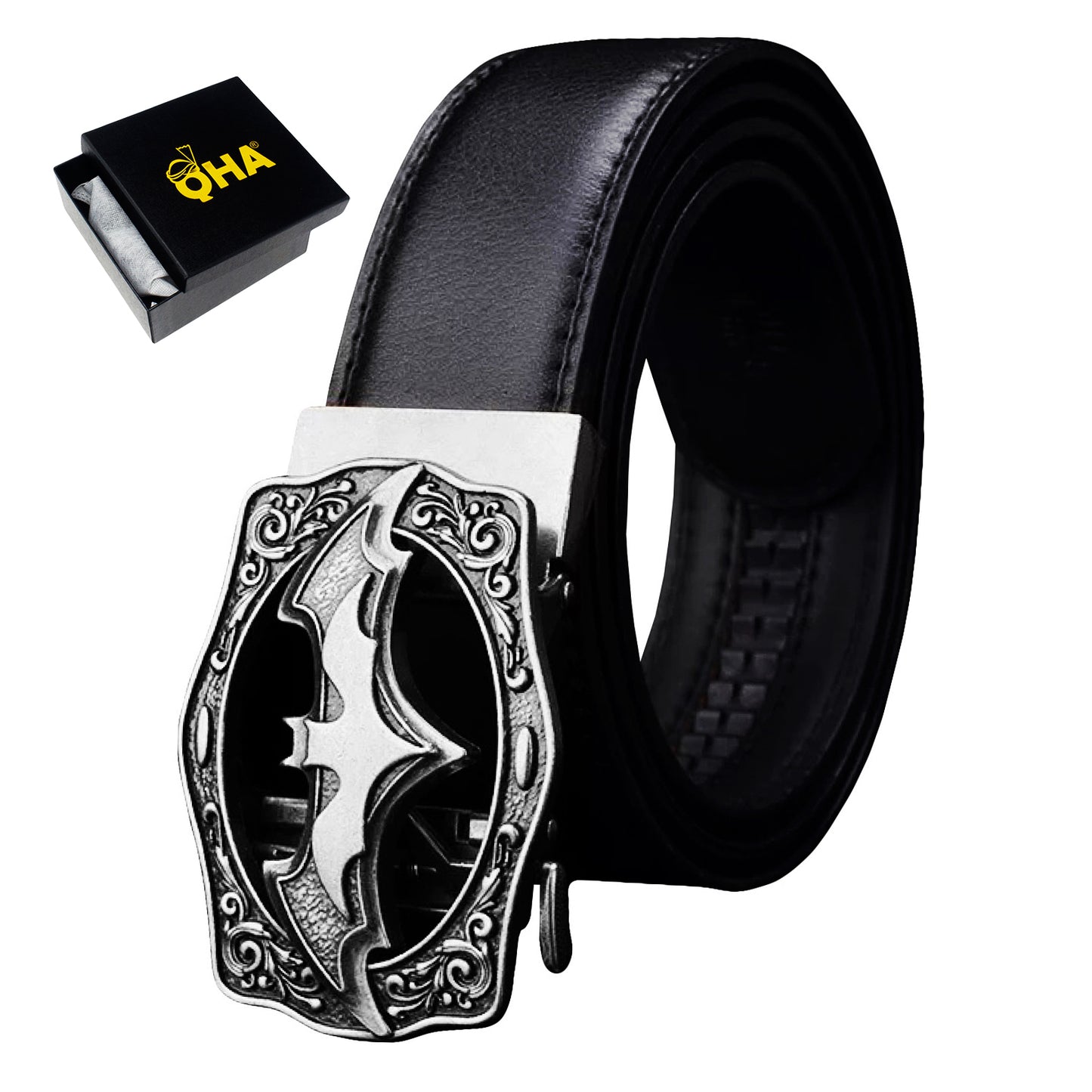 QHA Mens Ratchet Leather Belt Bat Automatic Buckle 35mm Wide Q18