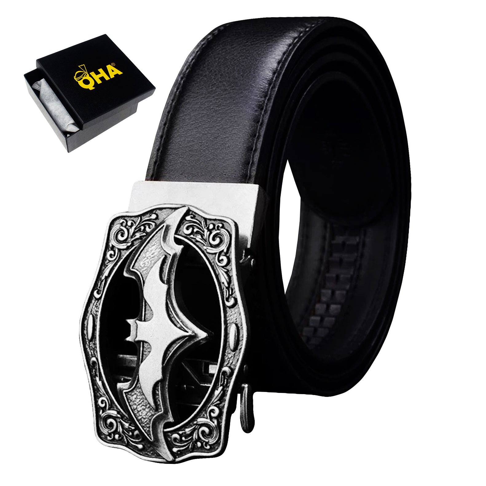 QHA Mens Ratchet Leather Belt Bat Automatic Buckle 35mm Wide Q18