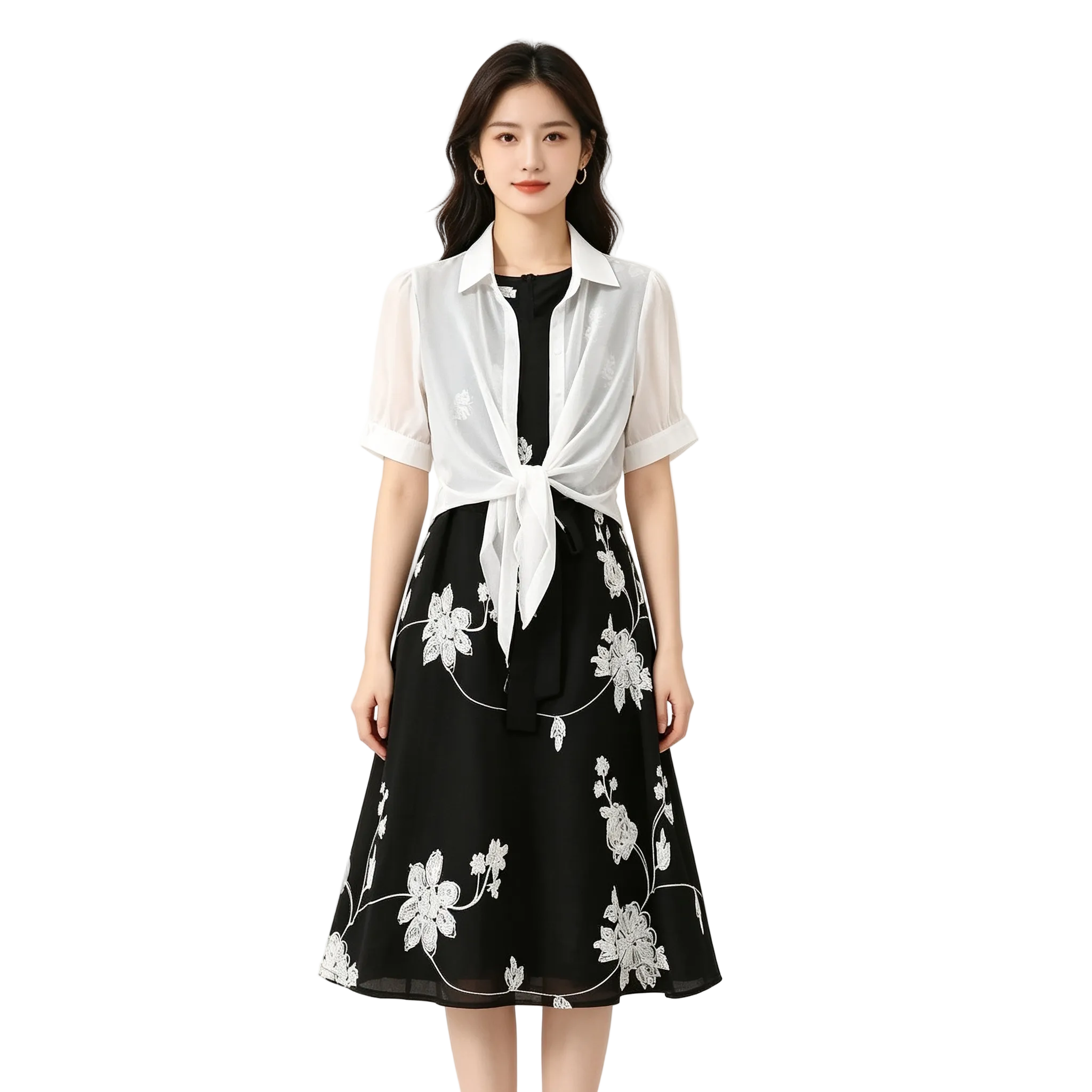 Woman wearing a black floral dress with a white shirt over it on a white background