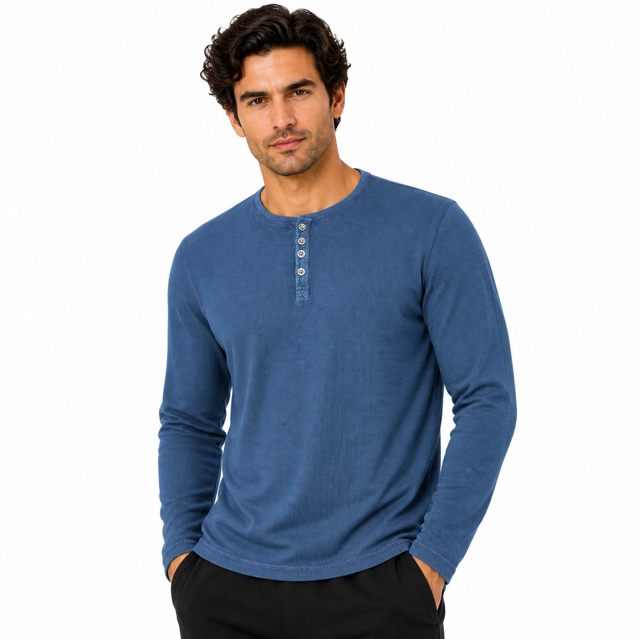 Mens Thermal Waffle Henley T-Shirt Long Sleeve Cotton Top S-4XL