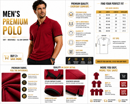 Red men's polo shirt with size chart and features on a white background