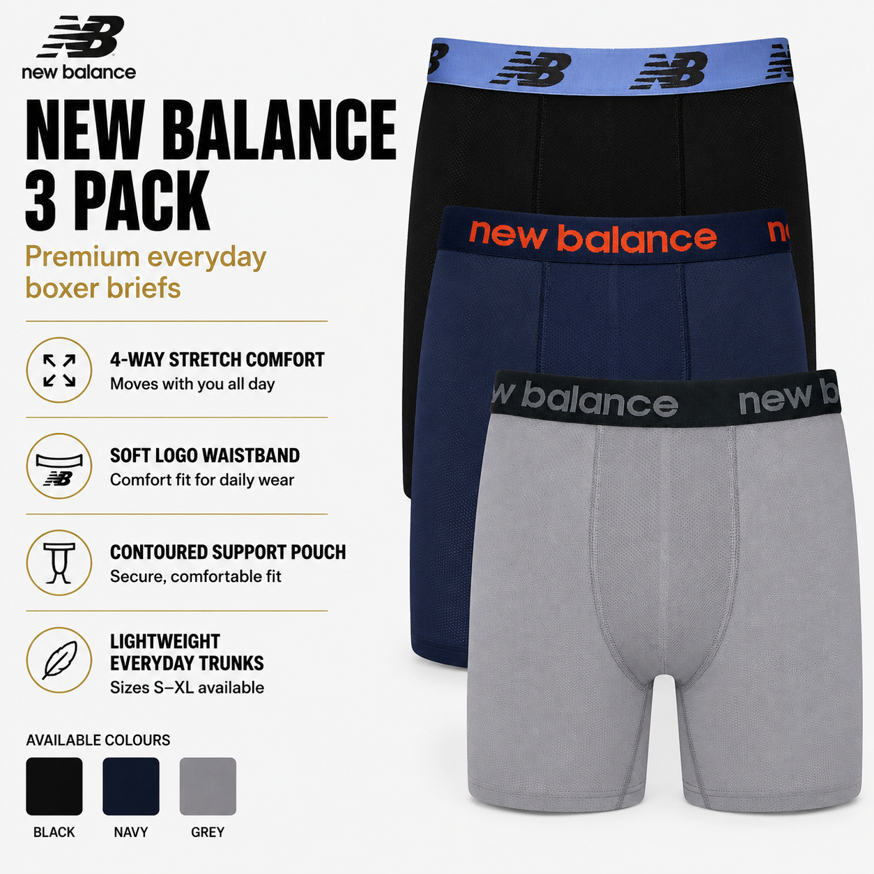 New Balance Mens Premium Stretch Boxer Briefs Trunks Underwear S-XL 3-12 Pack - QHA UK