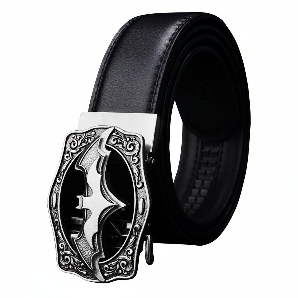 Black belt with a silver decorative buckle on a white background