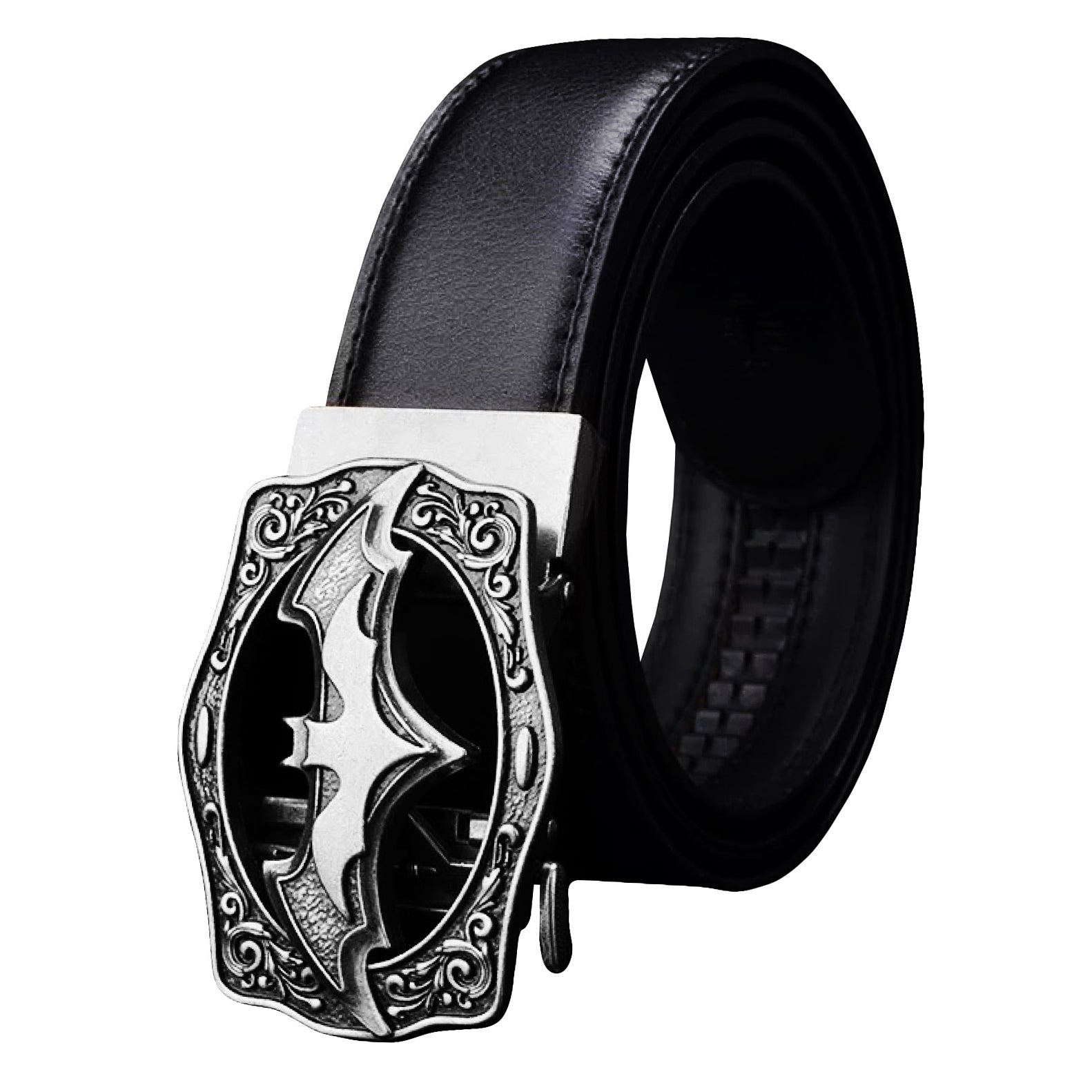 QHA Men's 35mm Leather Ratchet Belt with Ornate Bat Buckle, Auto Lock Q18